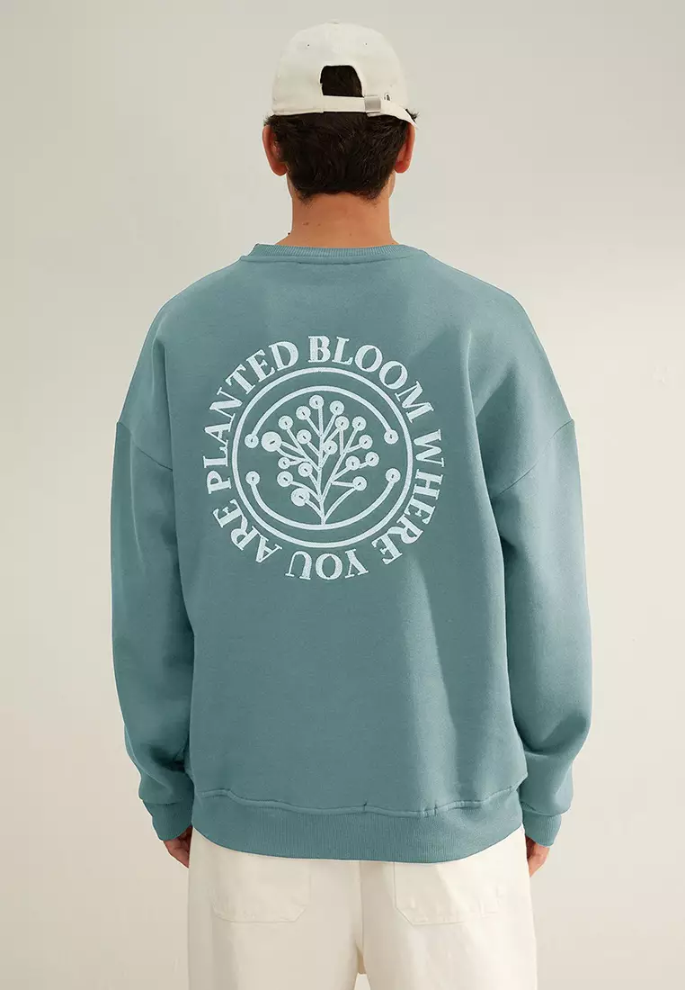 Mint Oversize/Wide Cut Floral Embroidered Fleece Lined Cotton Sweatshirt Tmnaw24Sw00012