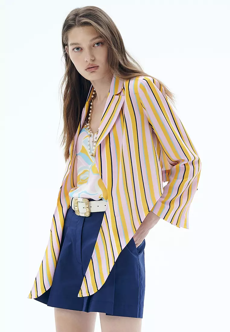 Summer Stripe Print Front Tie Knot Crop Outerwear