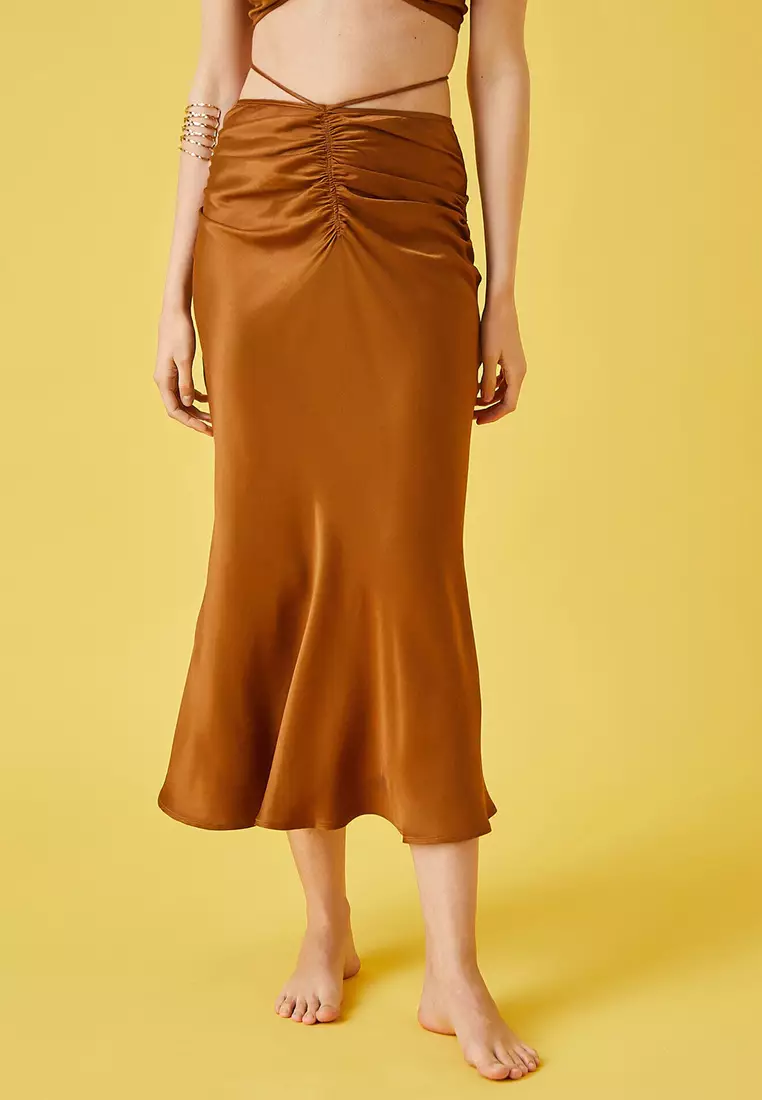Ruched Midi Satin Skirt