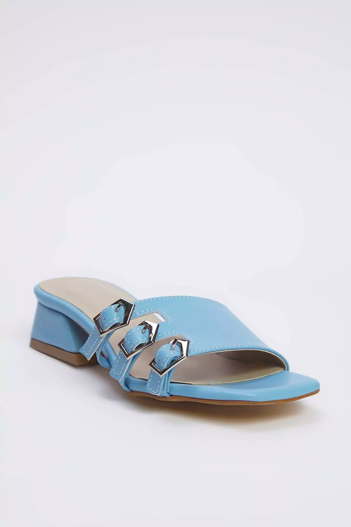 Baby Blue Gold Buckle Block Heel Women Heels Slippers Takss25To00036
