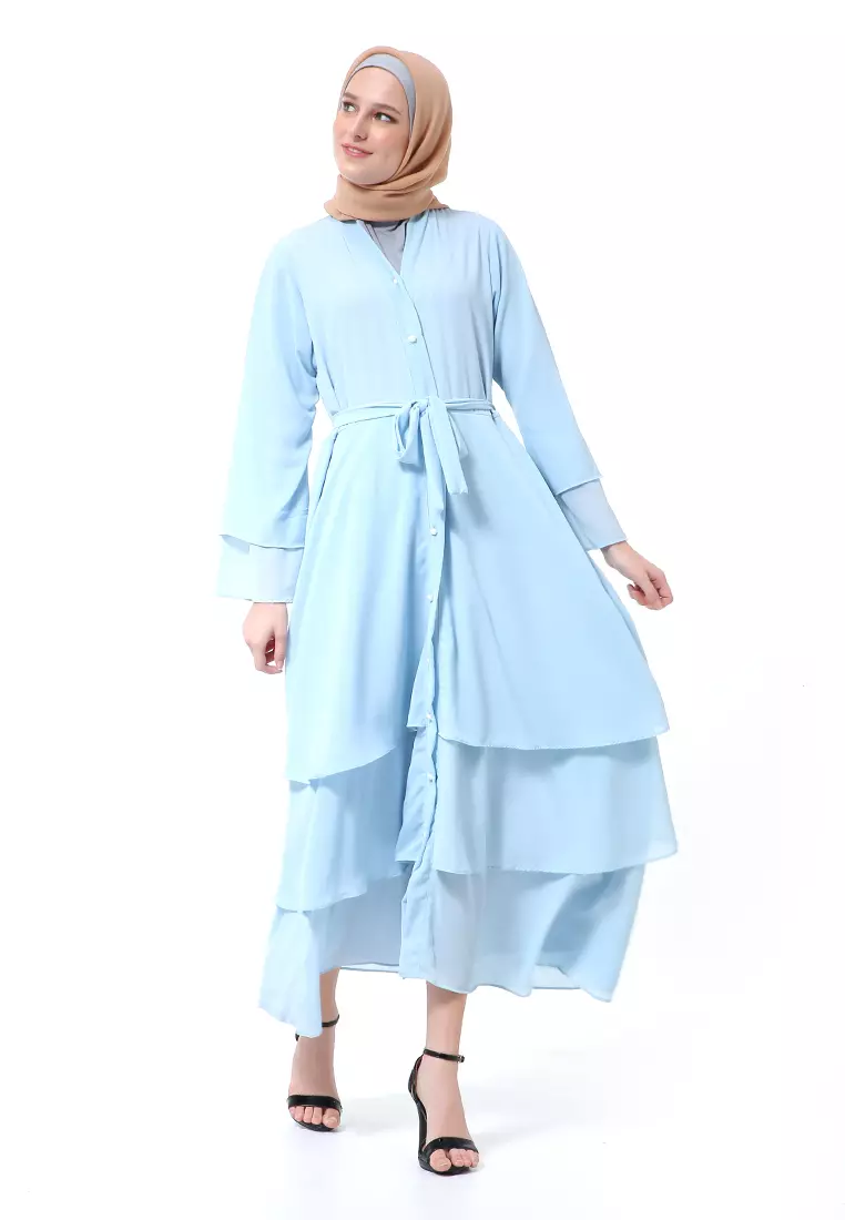Nadeline Gamis Abaya Wanita Motif Polos Long sleeve Premium High Quality - Powder Blue