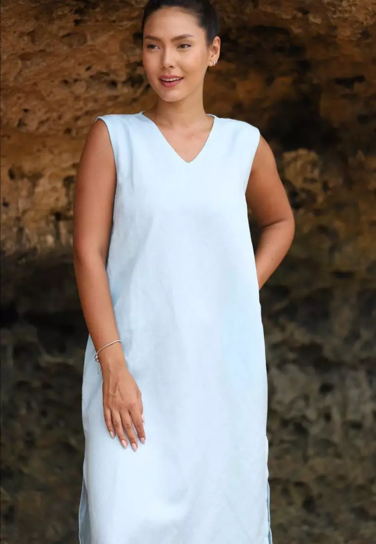 Blue Sky Dress Linen Wanita Biru Muda | Linen Dress Women Light Blue