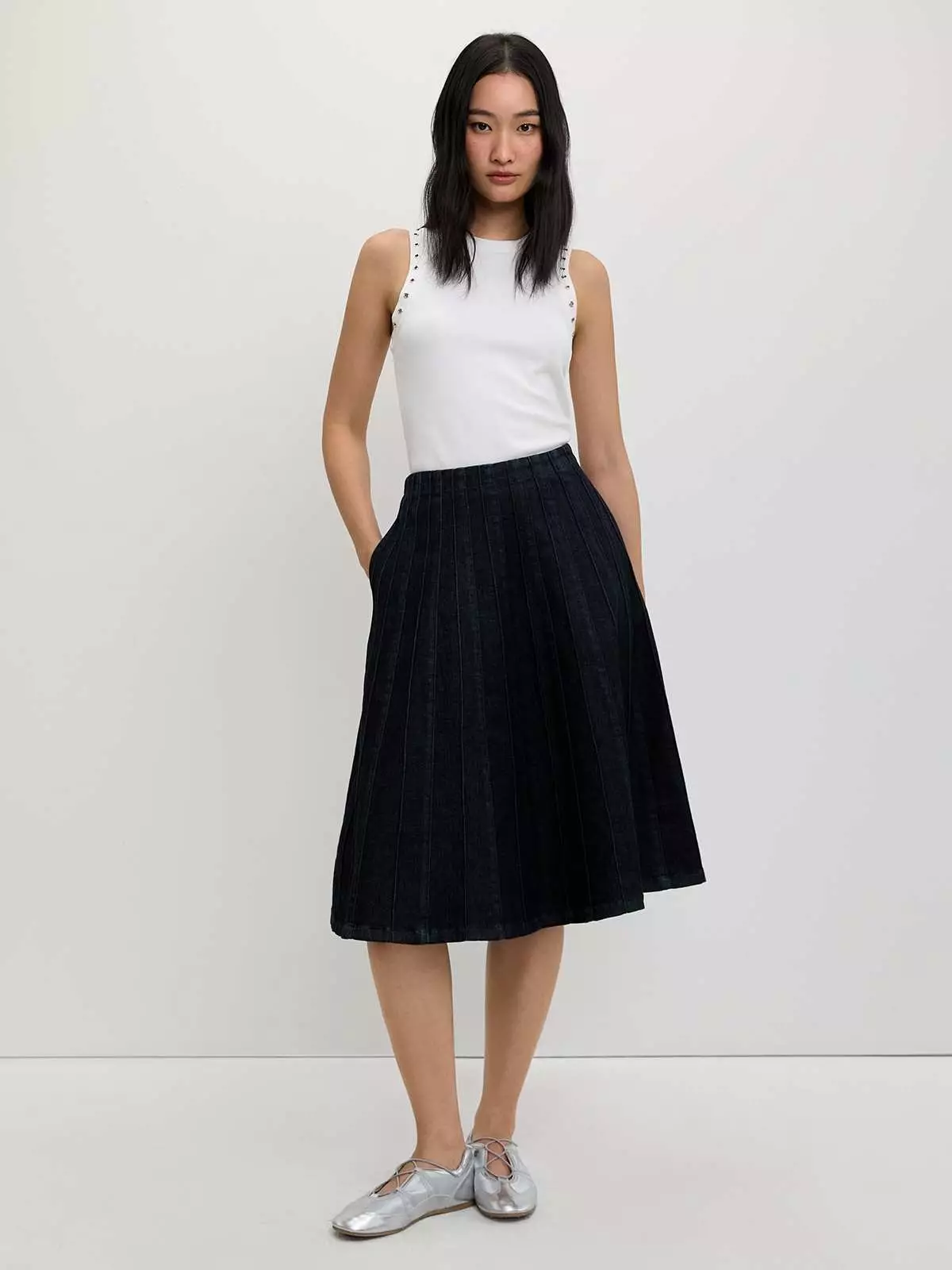 Pomelo - Rok Midi Wanita - Textured Denim Skirt - Dark Blue