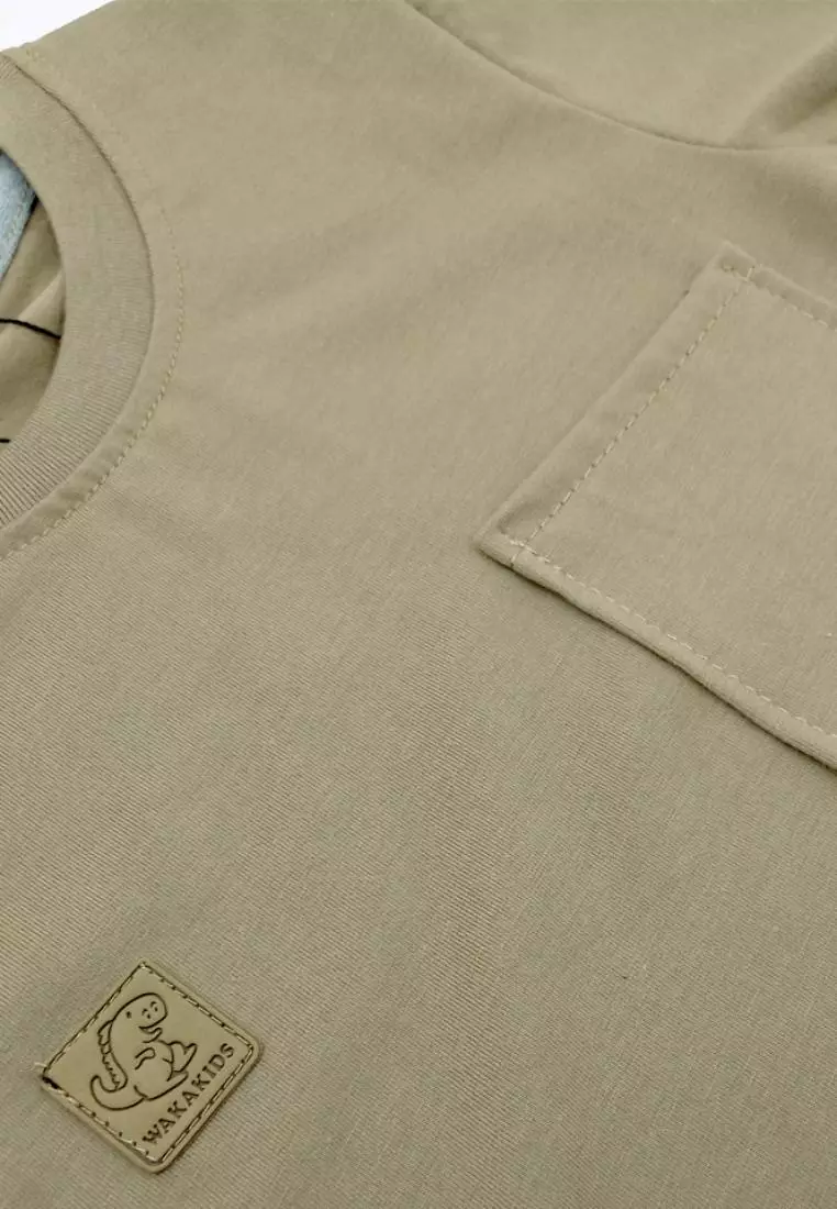 Wakakids Baju Anak Oblong Lengan Pendek Atasan Kaos Basic Tshirt Unisex Polos Logo Dino 4109 Army
