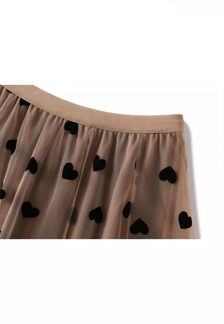 French Vintage Flocking Heart Mesh Maxi Skirt AF1200