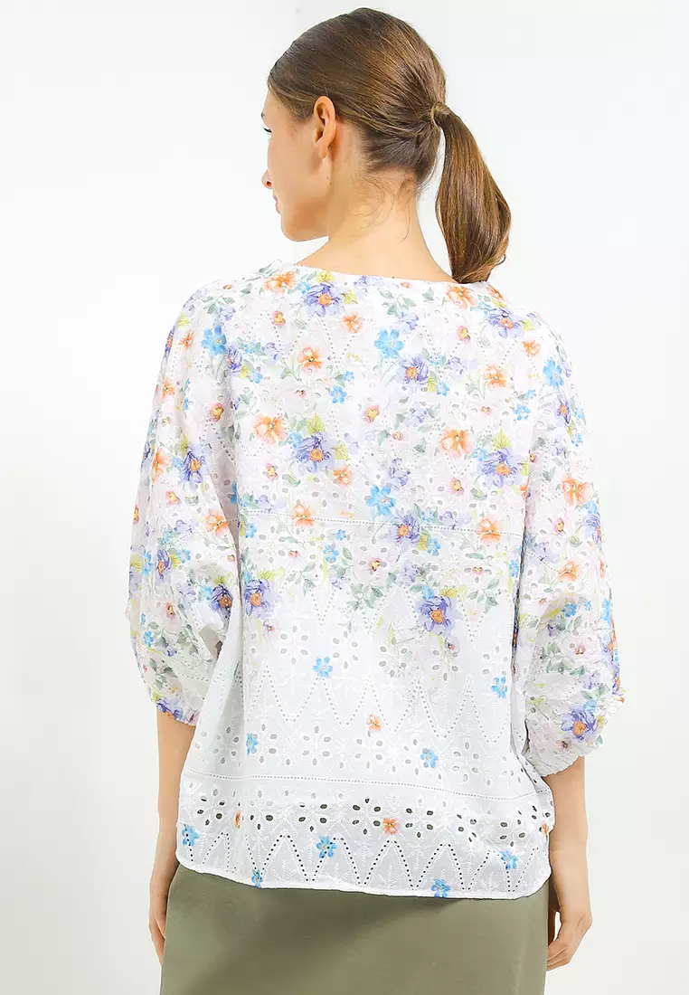 Print Eyelet Blouse W/ Tassels