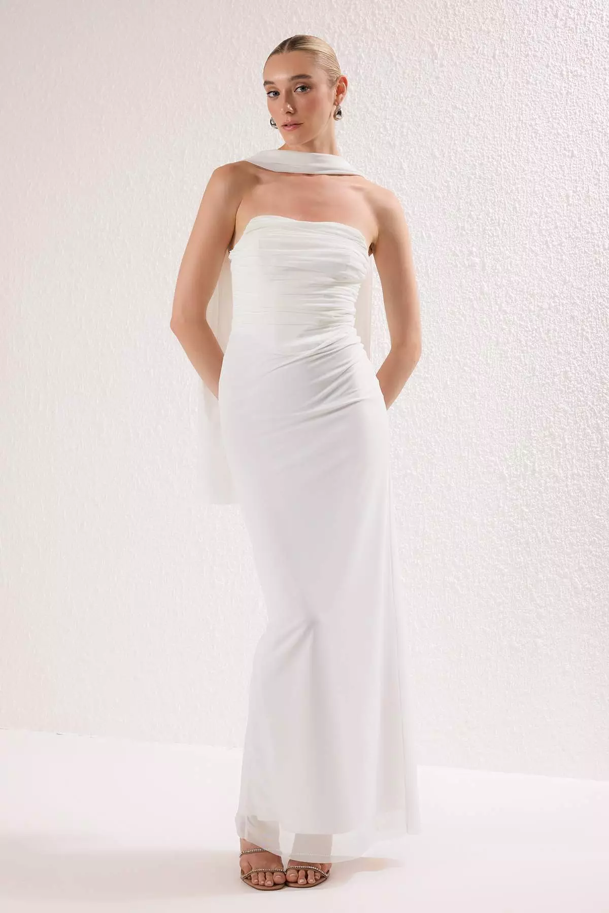 White Scarf Tulle Knitted Maxi Evening Dress Night Graduation Dress