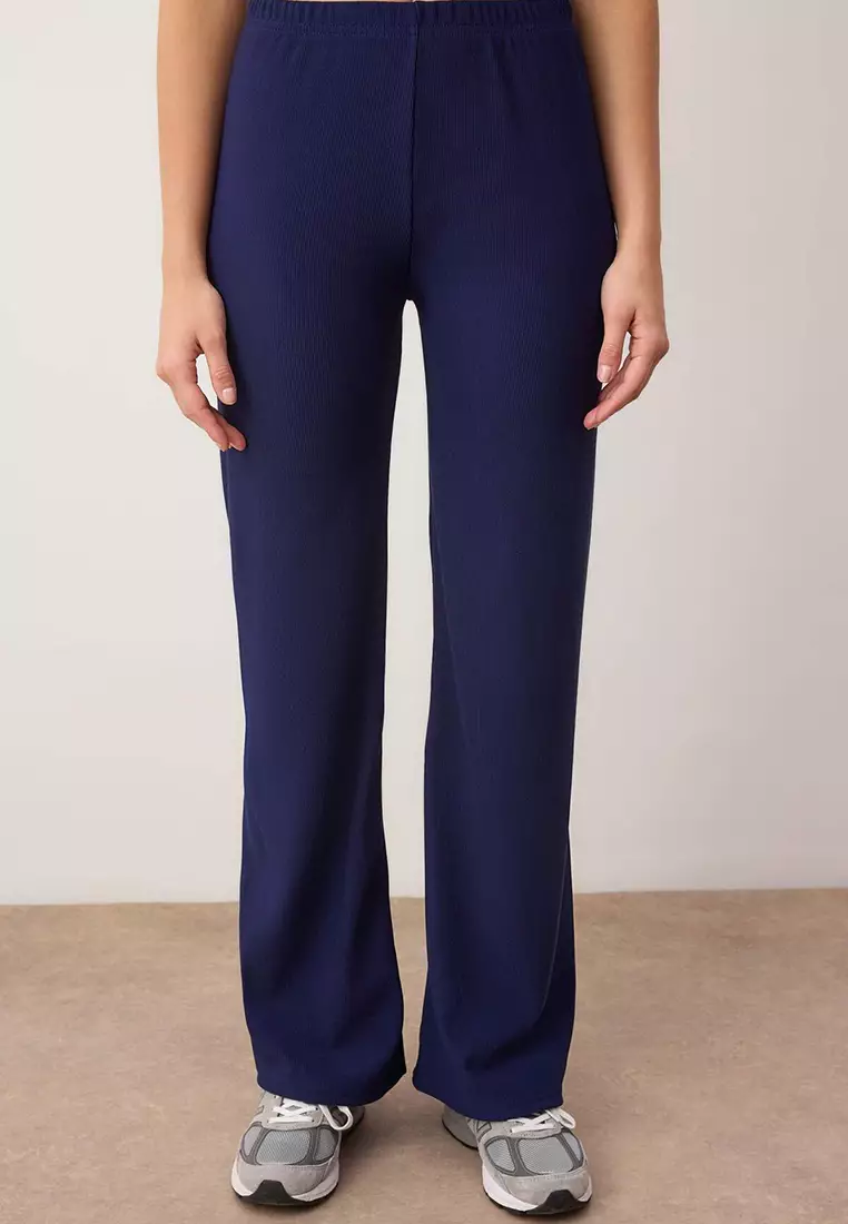 Navy Blue Silver Button Accent Piece Zero Sleeve Top Regular Pants Knitted Bottom - Top Set Twoaw26Au83
