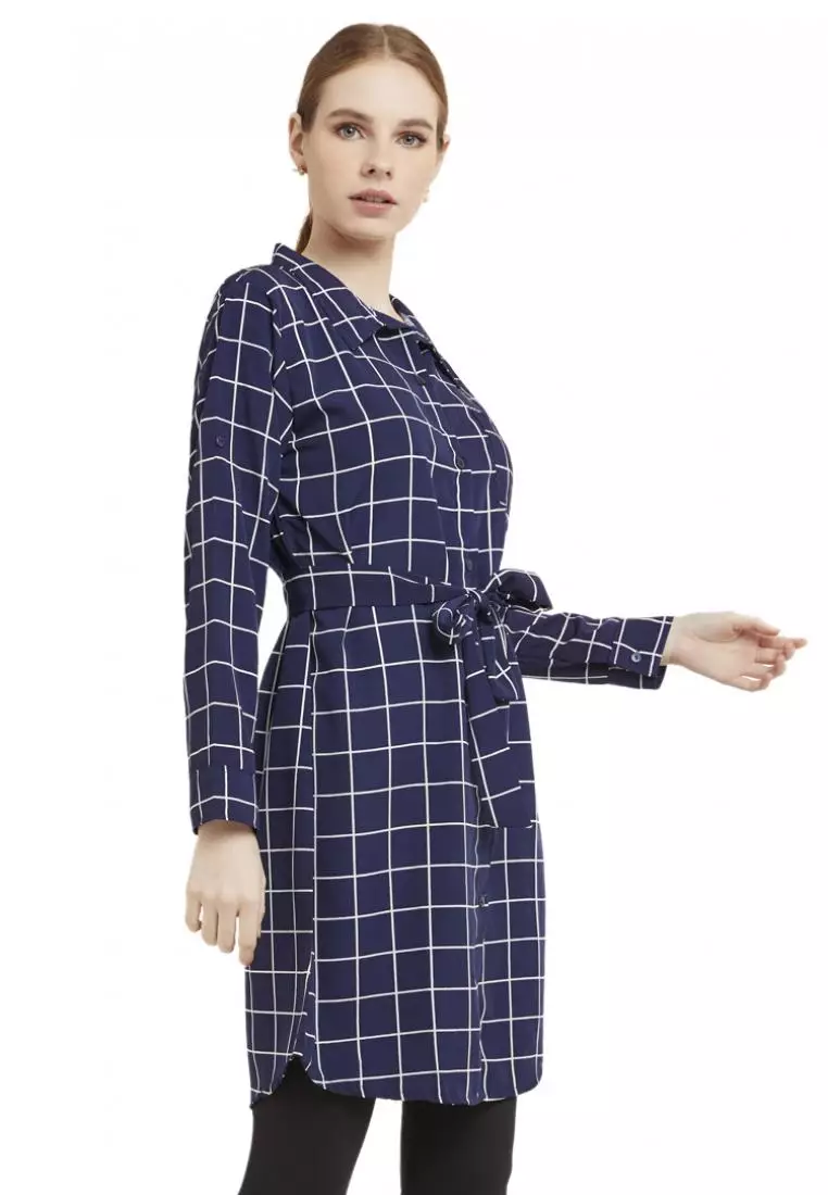 Tunik Square Lengan Panjang Baju Wanita Kotak-Kotak Regular Fit - Navy
