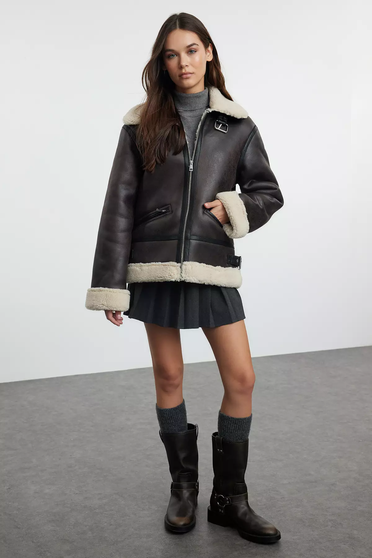 Dark Brown Regular Collar Belt Detailed Plush Faux Leather Biker Jacket Coat TWOAW25MO00000