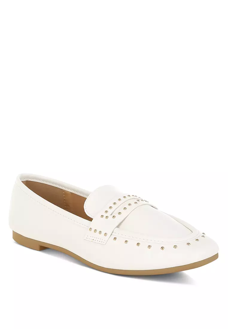 Studded Faux Leather Loafers in White