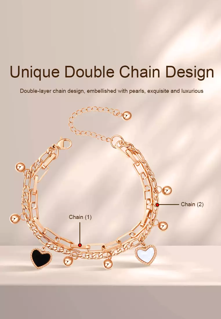 Gelang Wanita Korea Elegan Titanium Anti Pudar Berbentuk Hati Rantai Ganda Cewek Bracelets