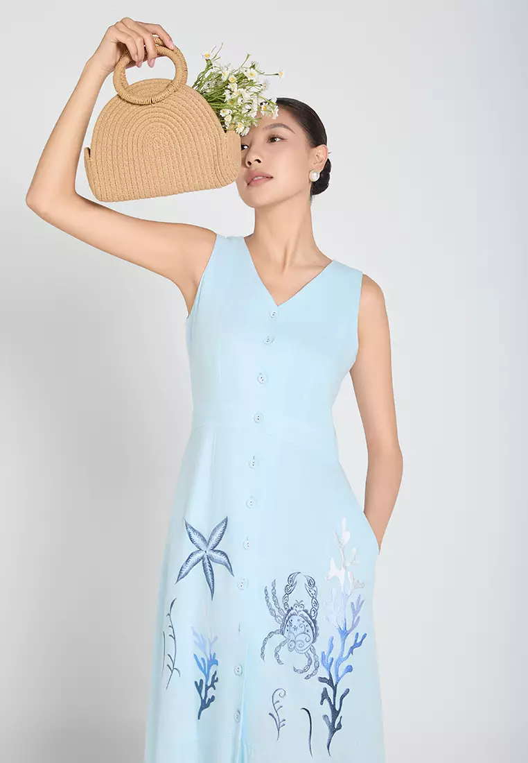 Sleeveless V-neck Embroidered Linen Maxi Dress