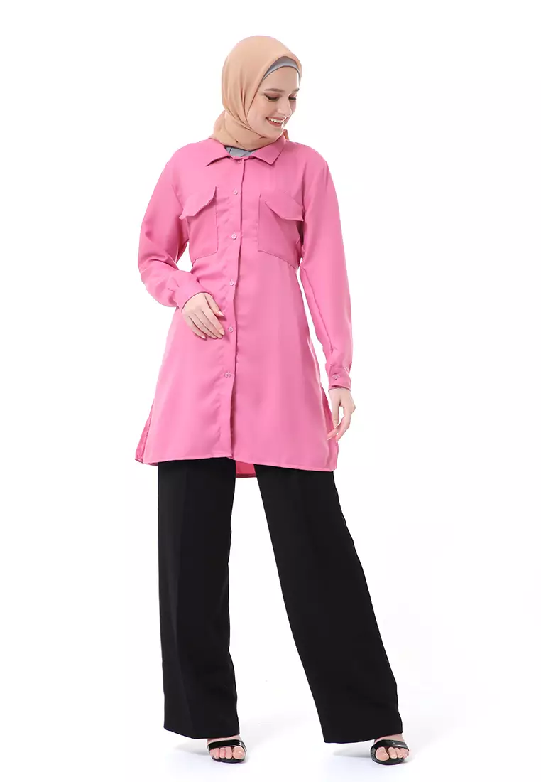 Babyla Long Tunik Pakaian Atasan Muslimah Wanita Motif Polos - Dusty