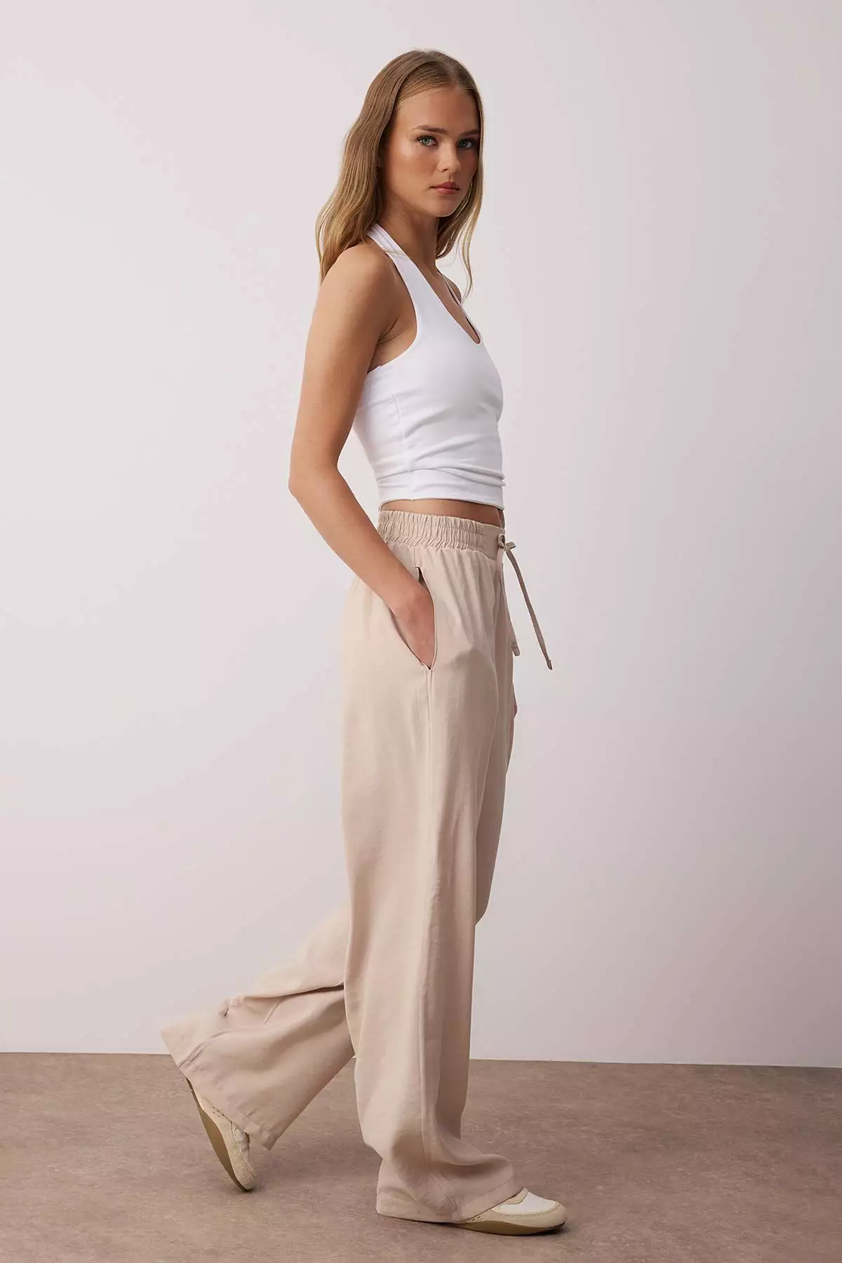 Beige Modal Elastic Waist Wide Leg Pants