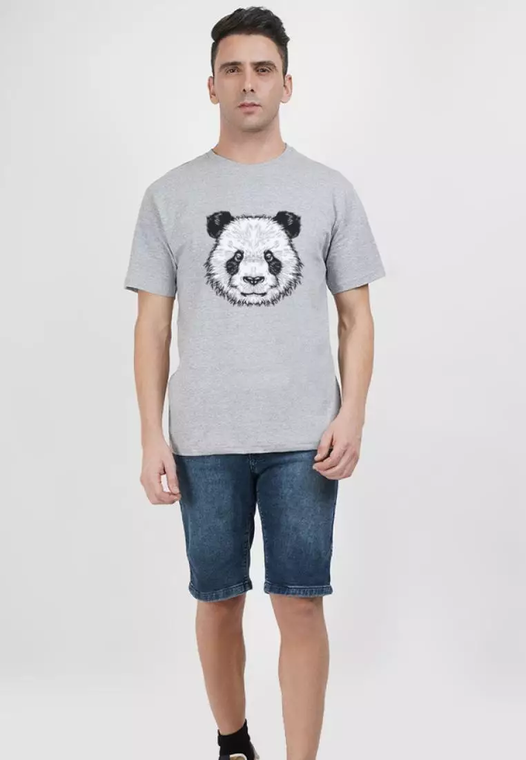 熊猫图案灰色棉质短袖圆领休闲 T 恤