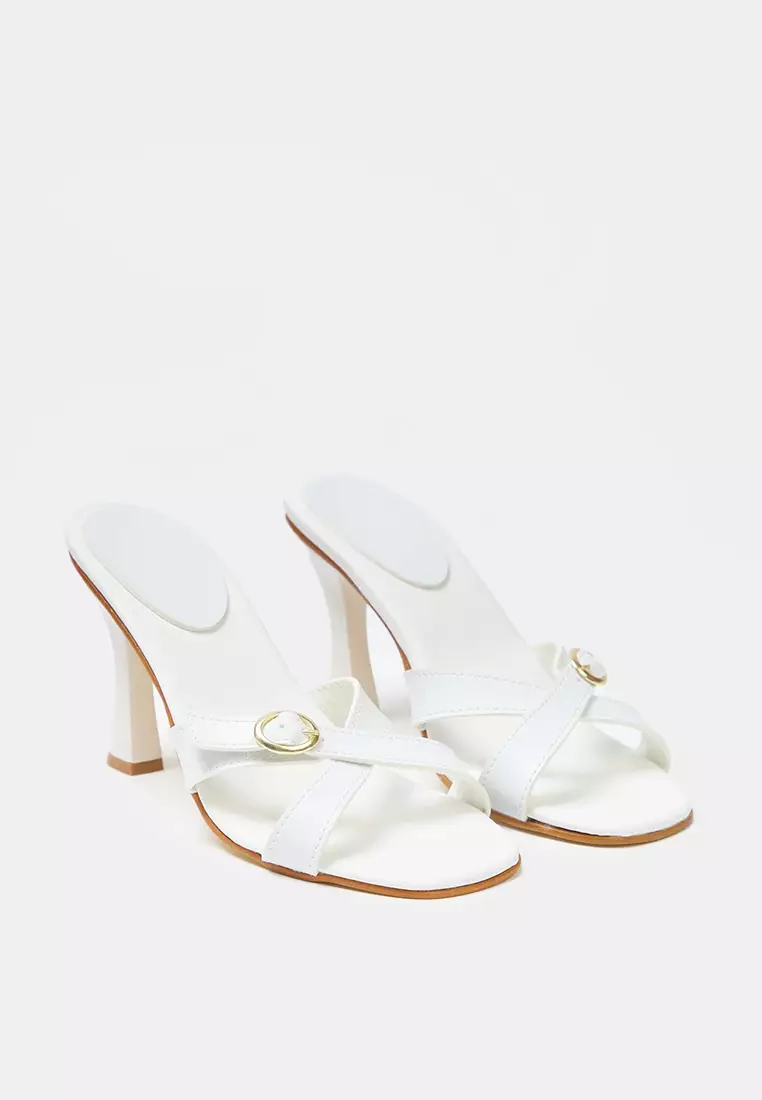 White Gold Buckle Square Toe Women Heels Slippers Takss25To00035