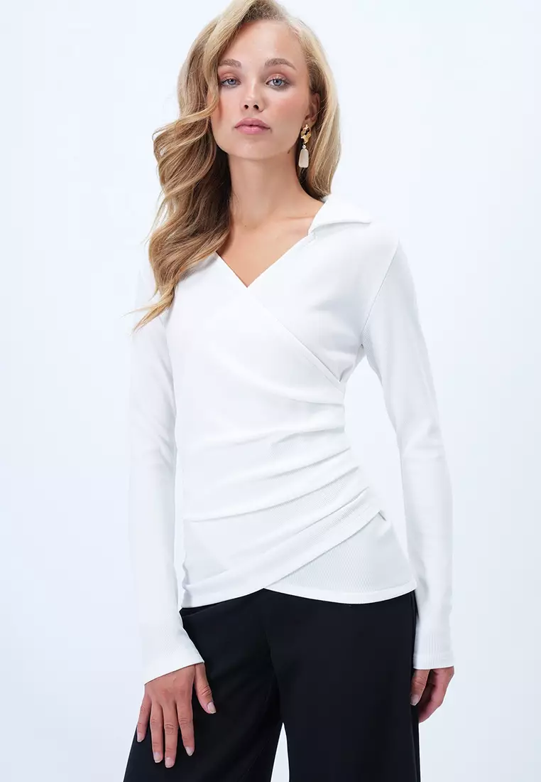 Women's White Shirt Collar Double Breasted Cut Drape Detailed Ottoban Blouse Alc-X14344