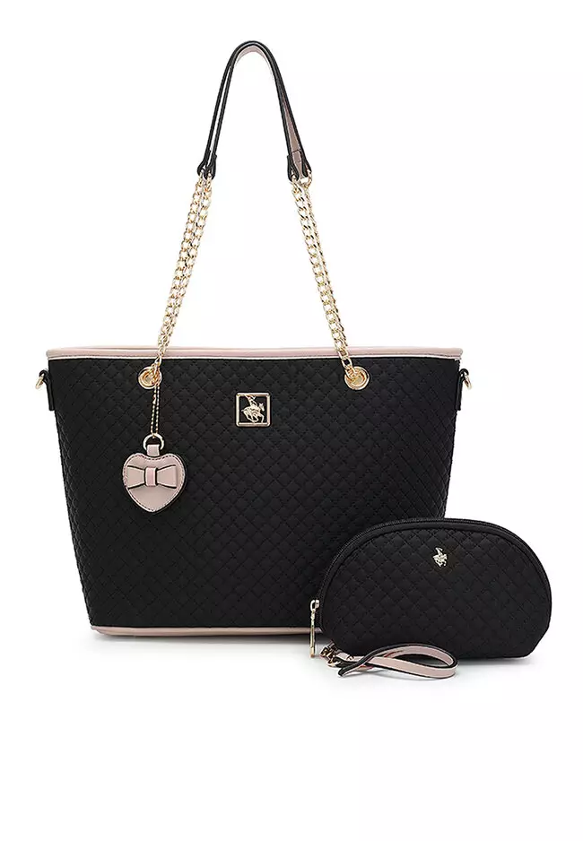 Women's 3 in 1 Quilted Handbag - Tote Bag / Wallet / Pouch  - Black