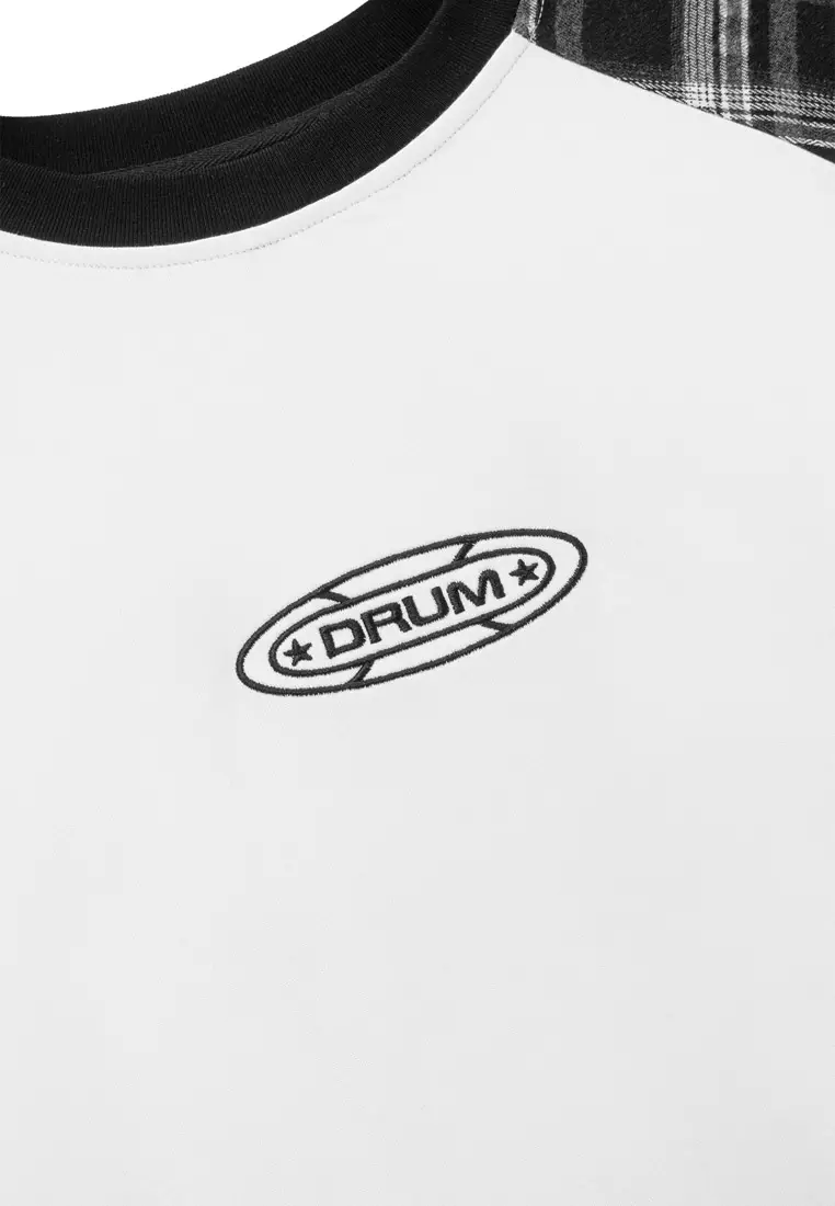 DRUM S. Flannel Printed Raglan Sleeve Oversized Tee- White