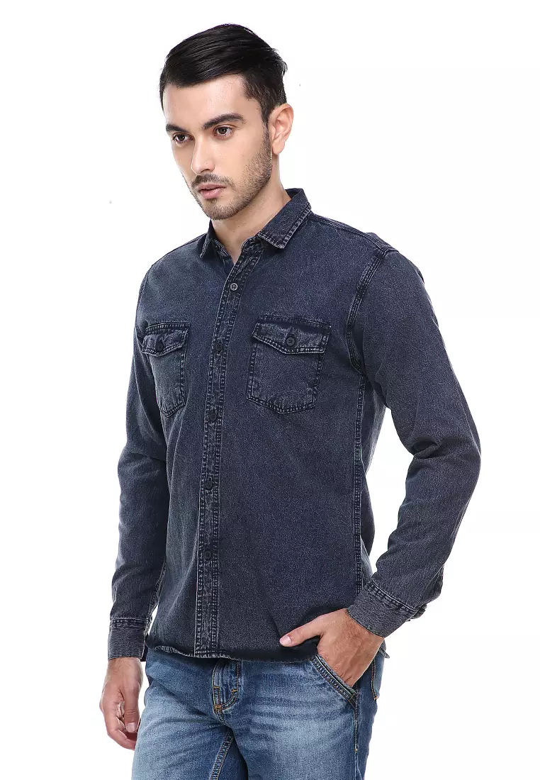 Dwan Casual Shirt Baju Kemeja Jeans Pria Lengan Panjang Material Denim ORIGINAL - Black