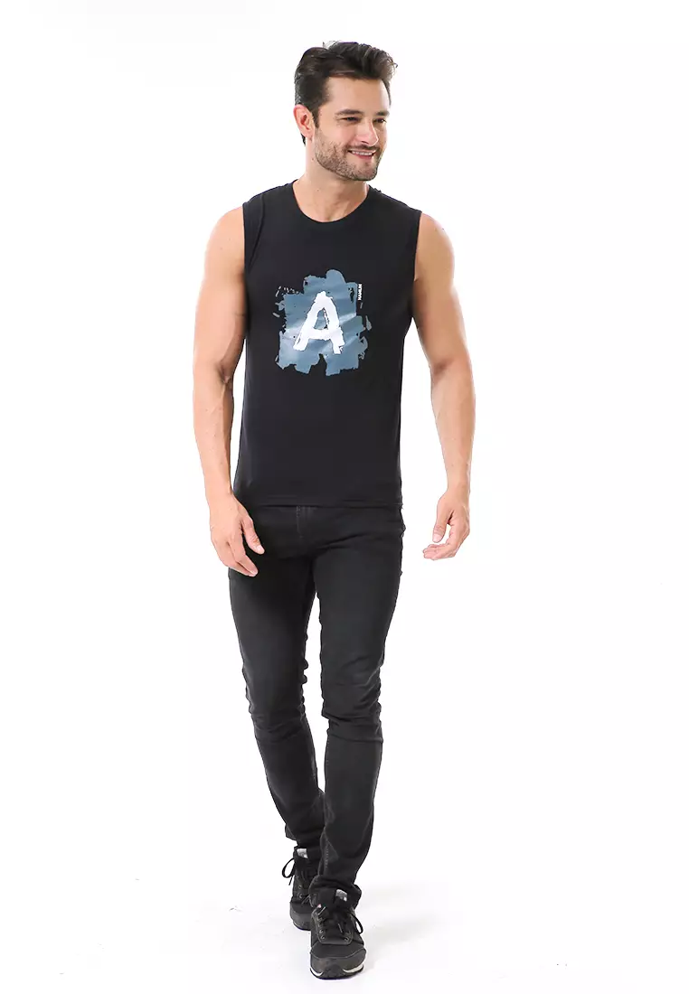 Bobby Atasan Kasual Pria Singlet Motif Huruf A Atasan Tanpa Lengan Material Cotton ORIGINAL - Black