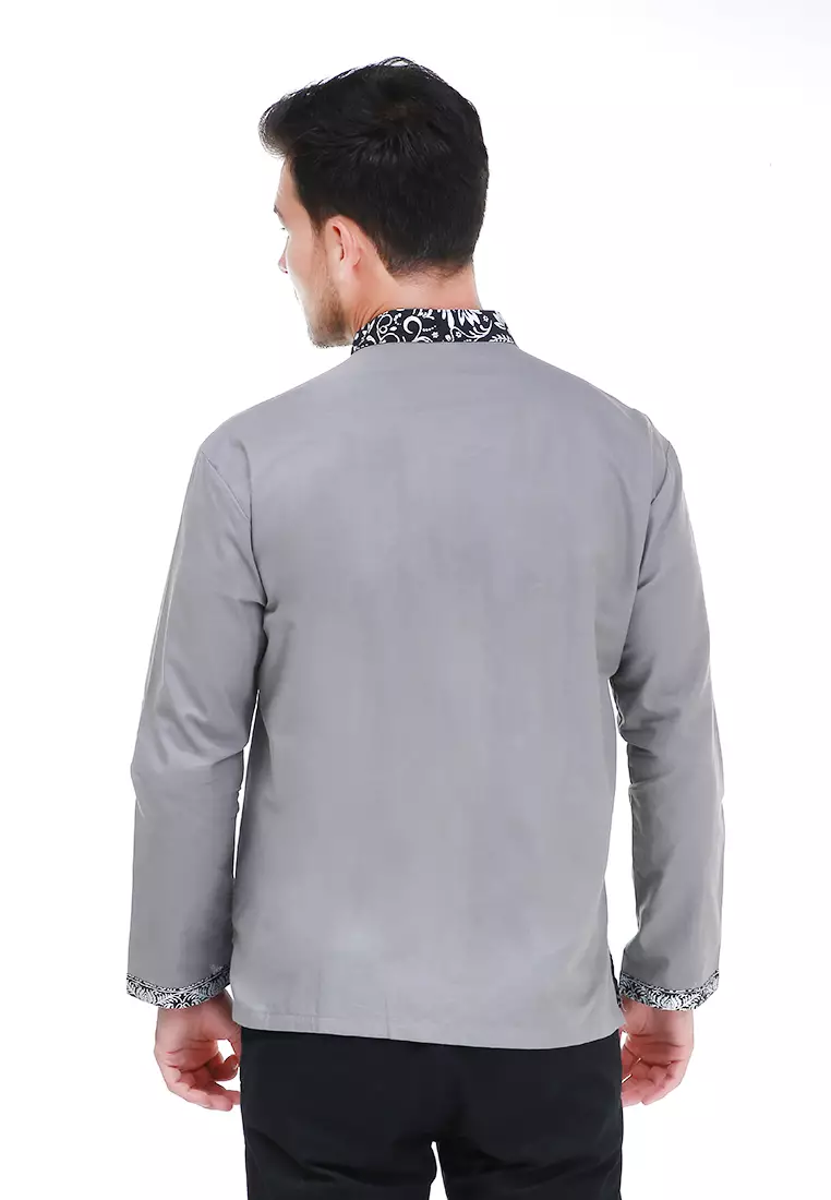 Dwan Kemeja Batik Pria Simple Atasan Formal Longsleeve Shirt Material Cotton ORIGINAL - Grey