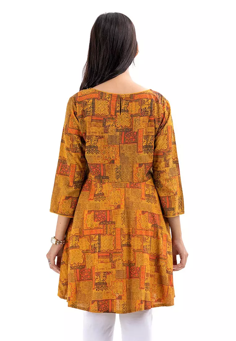 Le Reve 黄色图案工装风格粘胶束腰外衣