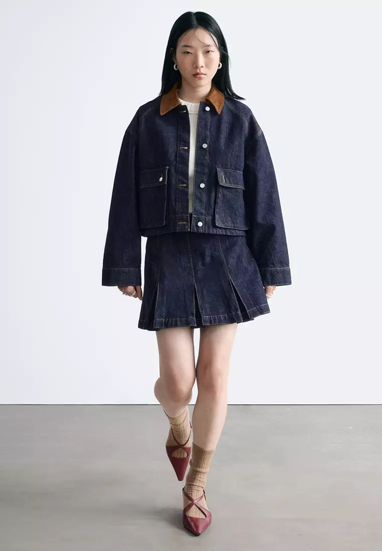 Short Cord-Collar Denim Jacket