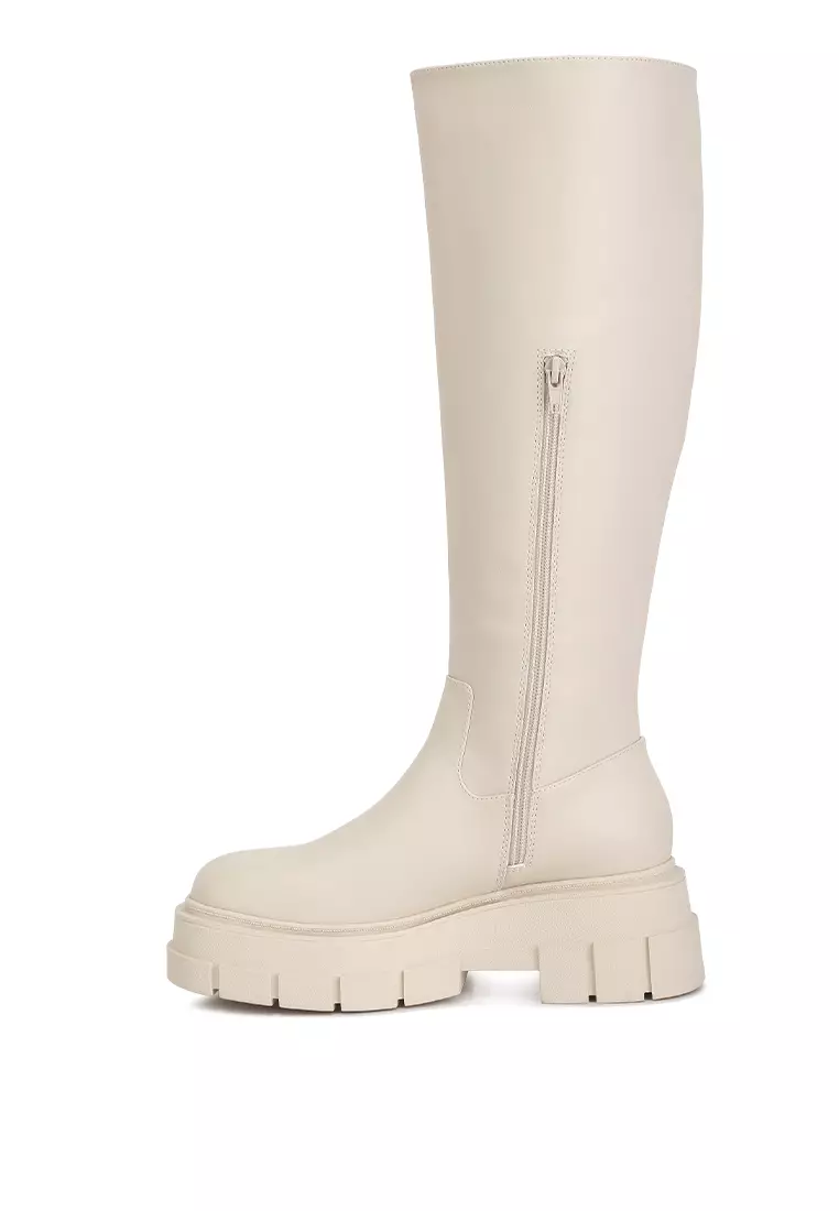 Buy London Rag Ecru Faux Leather Chunky Platform Knee Length Boots - Main Image