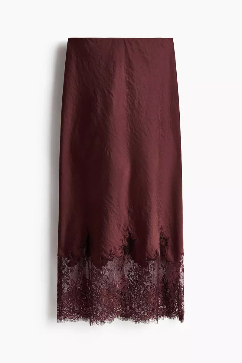 Lace-trimmed satin skirt