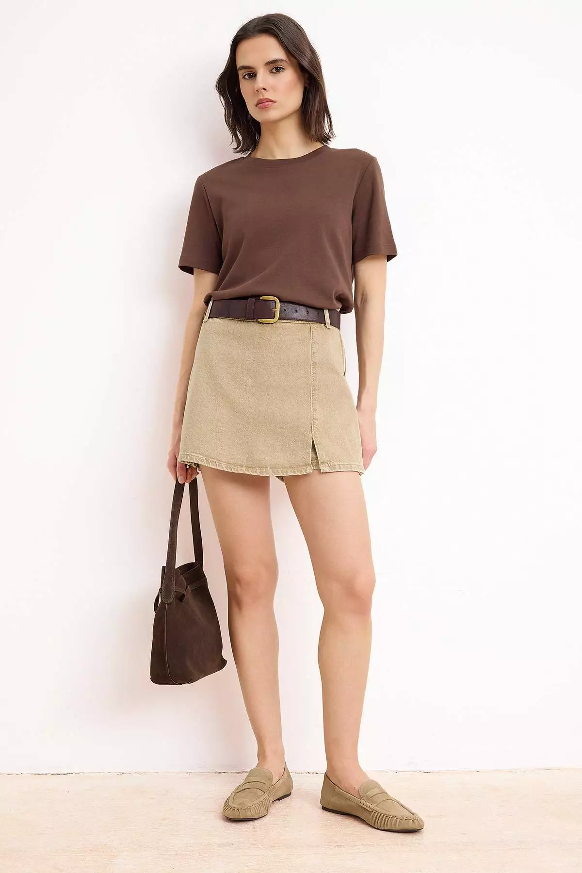 Beige Slit Mini Denim Shorts Skirt Twoss23Sr91