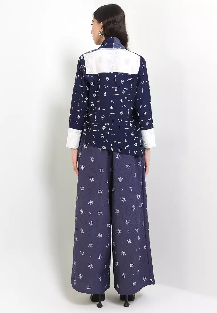 Setelan Outer Vest Cardigan Muslim Batik Cap Dobby Atasan Wanita dan Bawahan Celana Kulot Spesial JFW Collection Binar Elea Navy