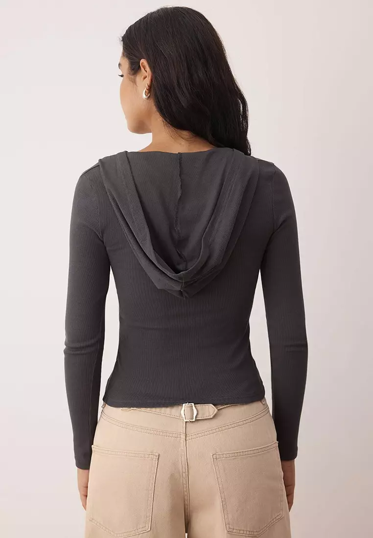 Anthracite Hooded Ribbed Buttoned Fitted/Body-Smoothing Knitted Blouse Twoaw26Bz00033