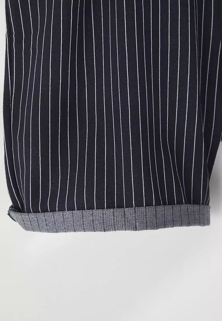 Plus Size Navy Blue Regular Comfort Striped 100% Cotton Shorts TMNSS23SR00045