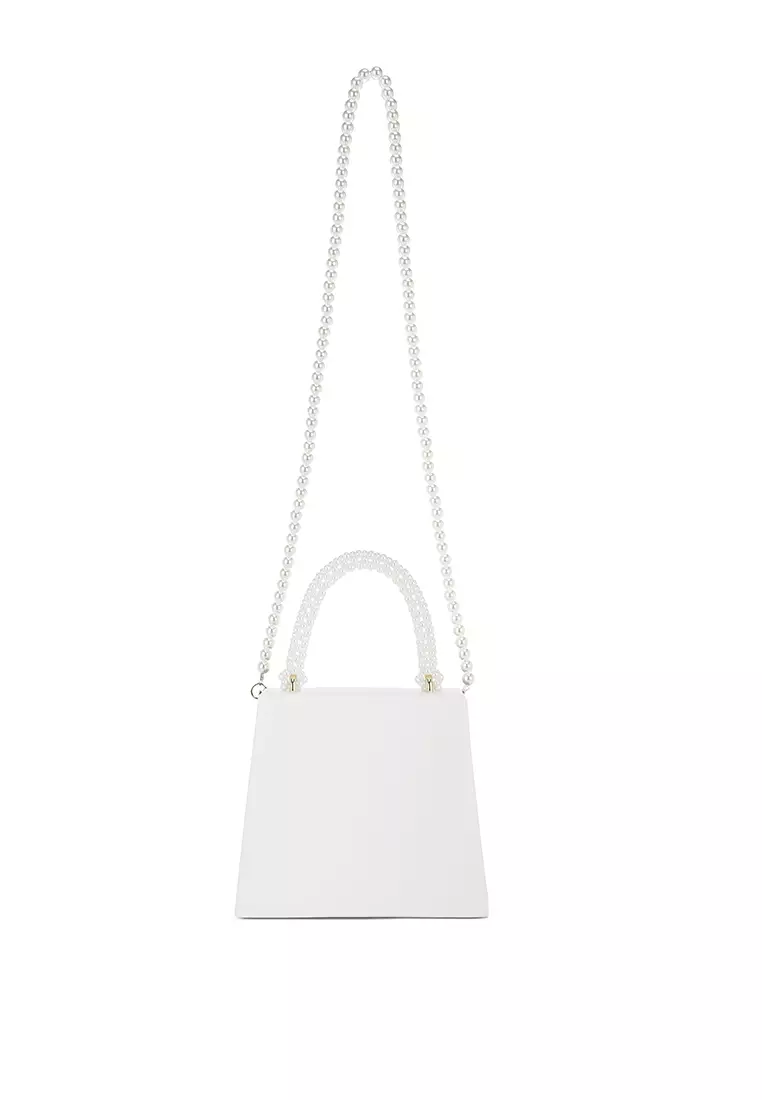 Tas Bros Berlian Imitasi dengan Pegangan Atas Mutiara Warna Putih