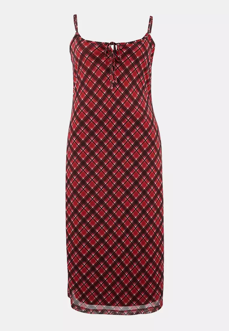 Teen Red Lacing Detailed Plaid Tulle Maxi Stretchy Knitted Plus Size Dress Tbbss26Ah00130