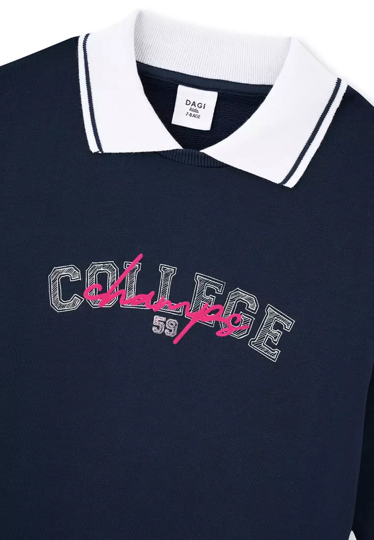 Navy Dress, Slogan Printed, Polo Neck, Regular, Long Sleeve Loungewear for Girls