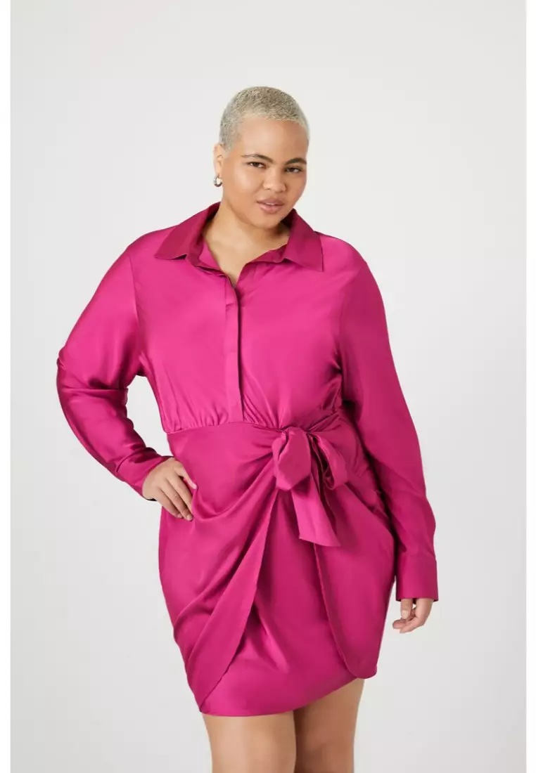 Plus Size Satin Wrap Shirt Dress