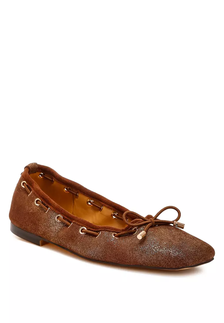 Brown Drawstring Bow Ballerinas
