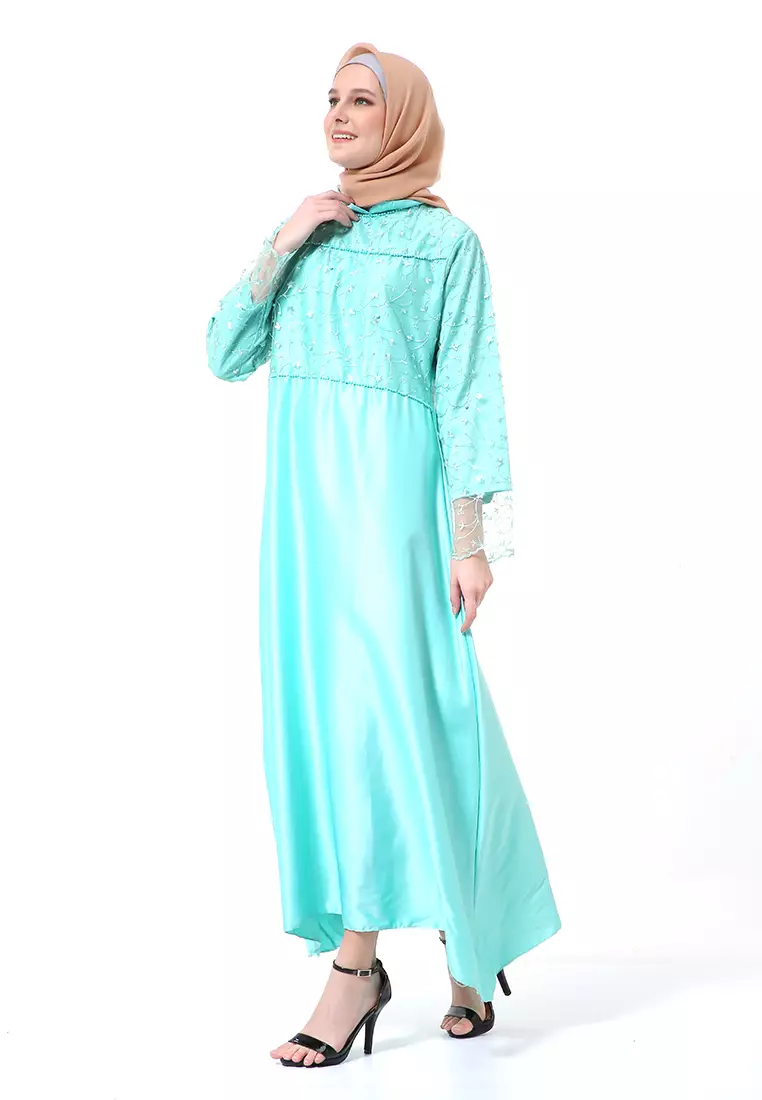 Erica Gamis Dress Muslimah Lengan Panjang Aksen Mutiara Fashion Wanita - Mint