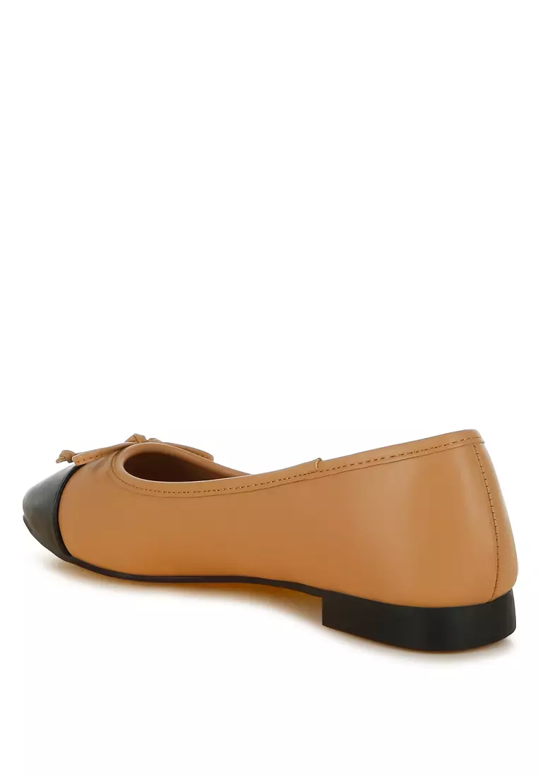 Faux Leather Bow Detail Ballerinas in Camel