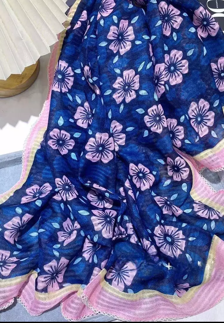 Aksesoris Wanita Aloha Flora Crochet Hem Square Scarf Syal Wanita Blue & Pink