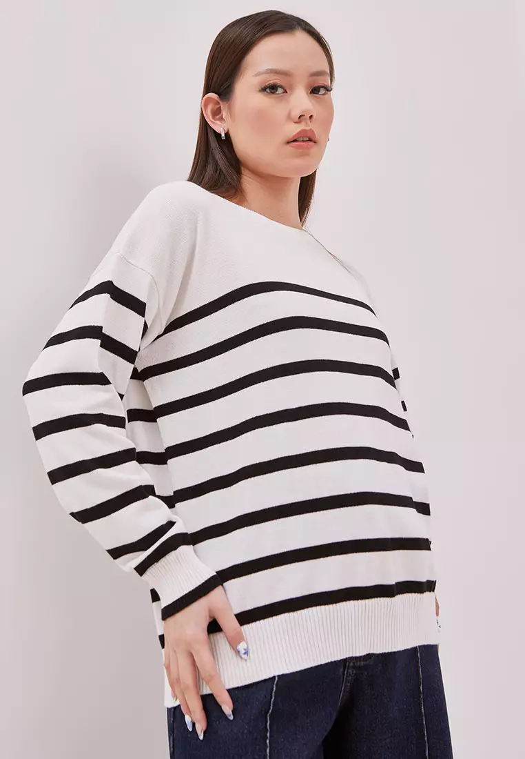 DUST Sweater Rajut Stripe Nesta Putih (D. 71716)