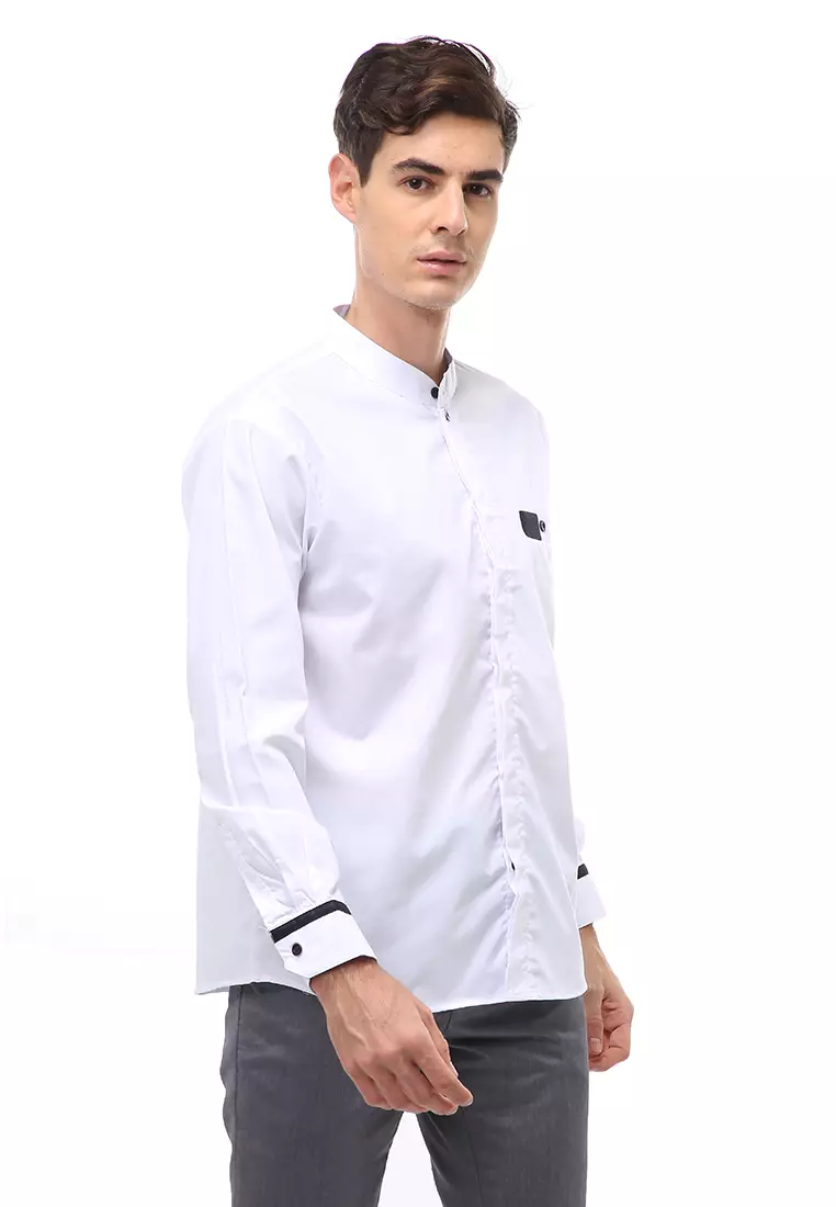 Dwan Atasan Formal Pria Kemeja Koko Simple Motive Long Sleeve Material Cotton ORIGINAL -  White