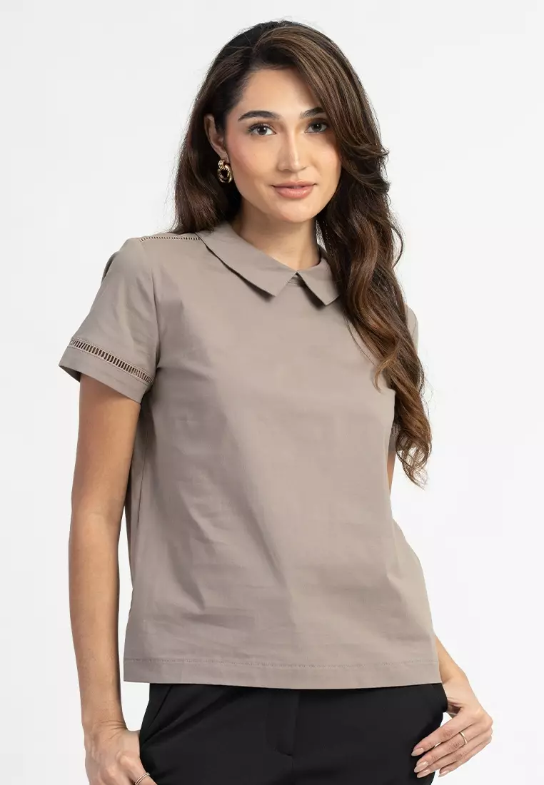 Zeya Peter Pan Collar Top with Eyelet Trim