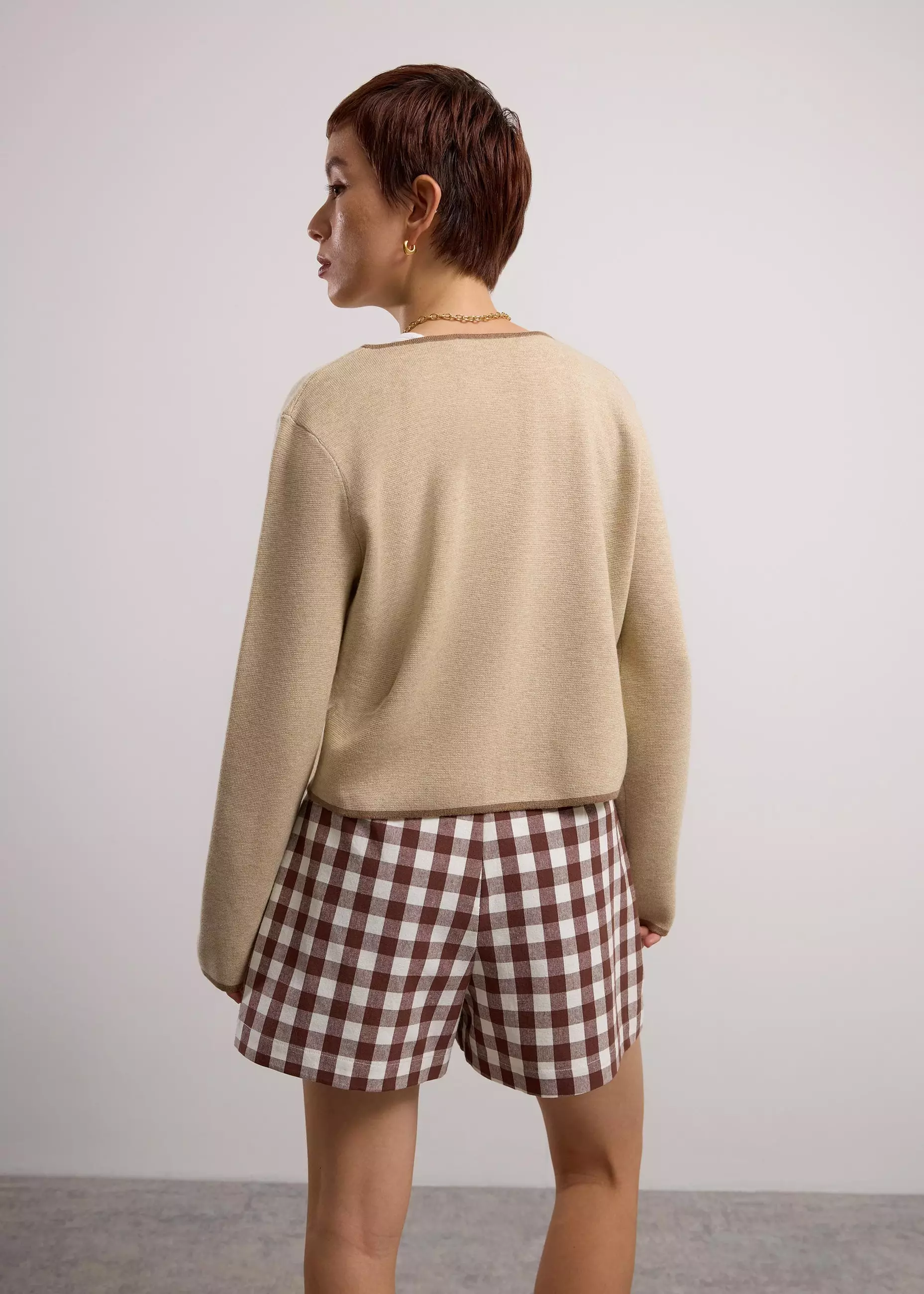 Cardigan Wanita - Relaxed Contrast Piping Knit Metal Clasp Cardigan