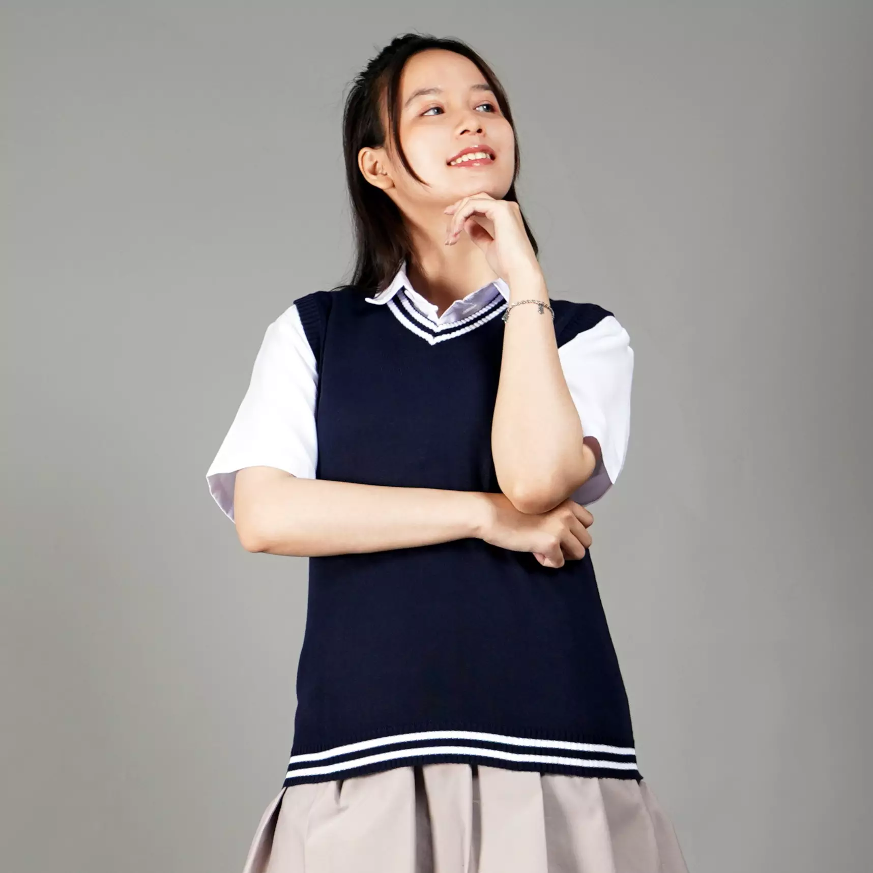 VICKY Rompi Rajut List Putih Rompi Navy Rompi Wanita Knit Vest - NAVY