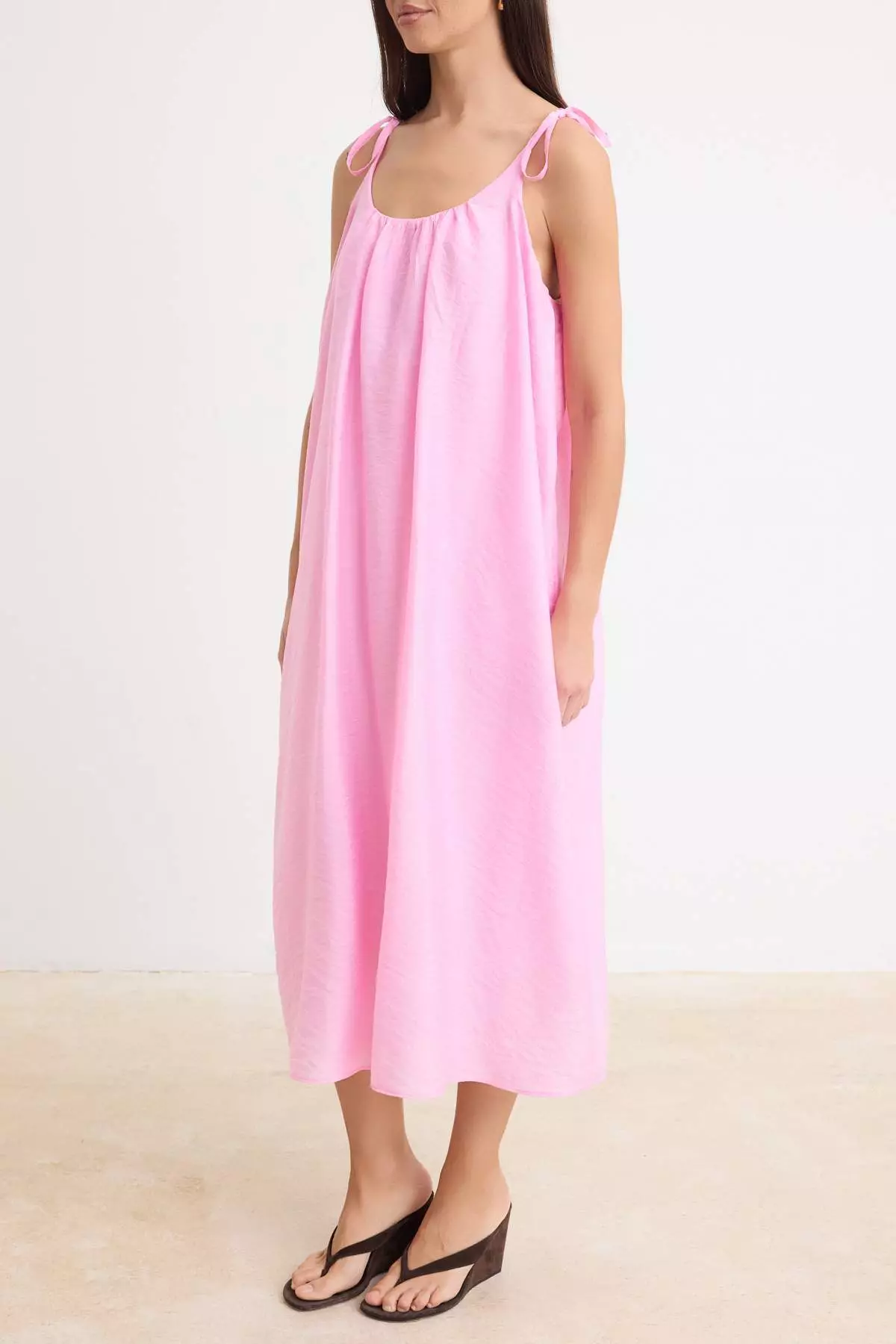 Pink Plain Straight Cut Tie Detailed Maxi Woven Dress Twoss25El00051