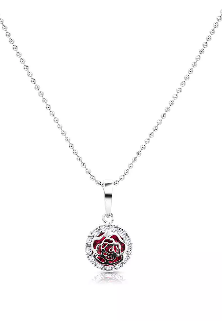 SO SEOUL Camellia Rose Ruby Flower Diamond Simulant Cubic Zirconia Pendant Chain Necklace